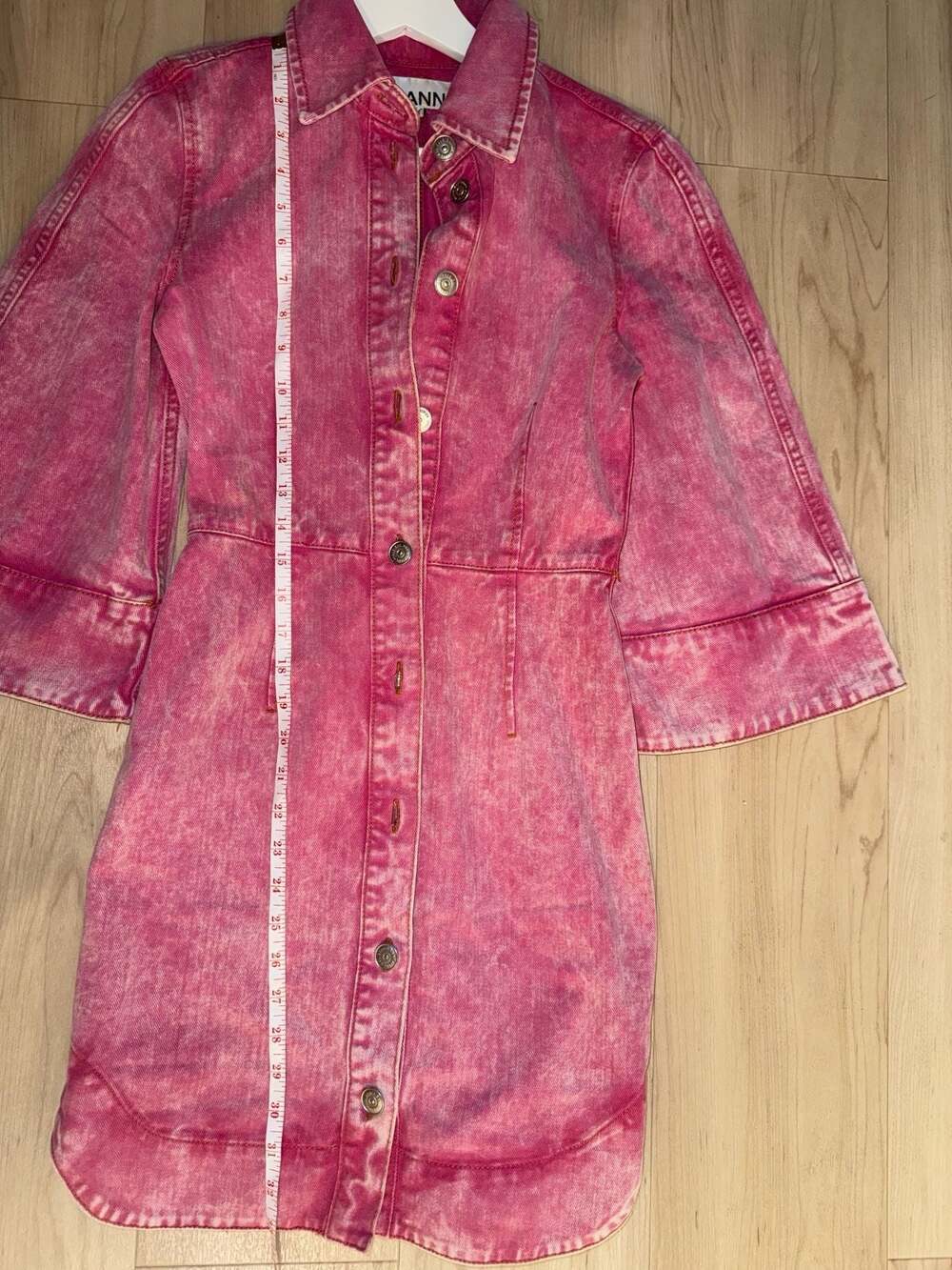 Ganni Pink Acid Wash Denim Button-Down Mini Dress Size 34 - Picture 4 of 9
